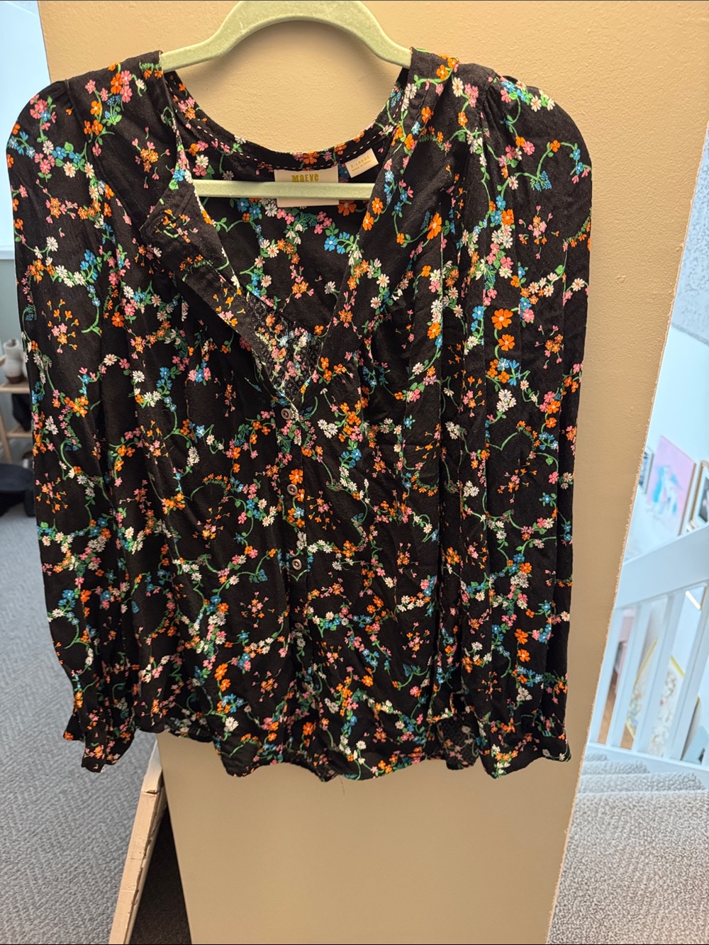 Maeve Black Floral Ruffled V-Neck Long Sleeve Blouse